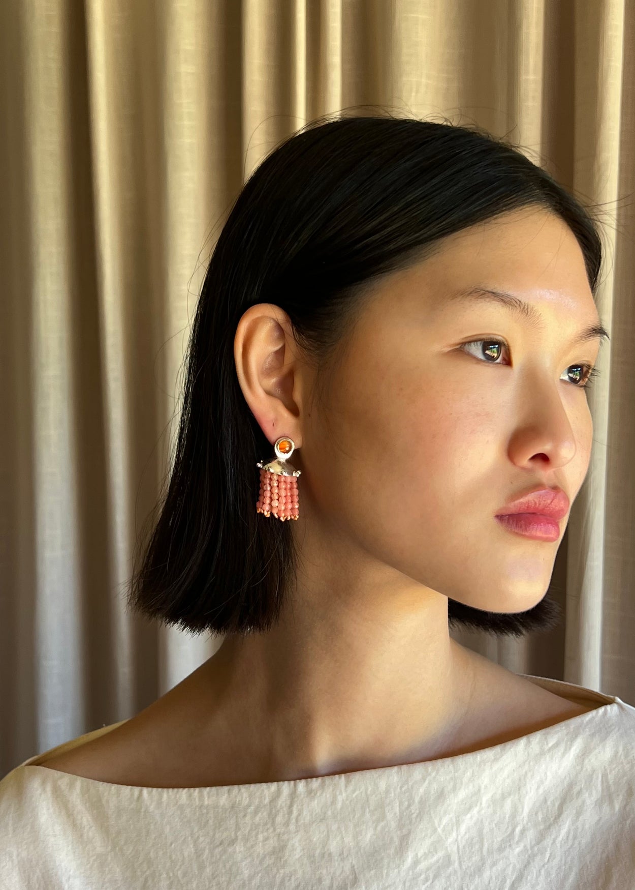 Pink Agate and Red Onyx Fringe Cupola Earrings